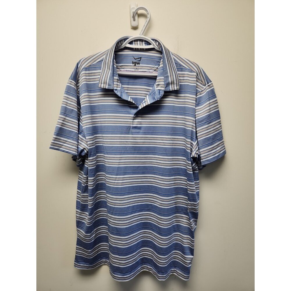Mens TGW Brand LARGE Golf Polo Blue/White w Stripes Short‎ Sleeve Shirt